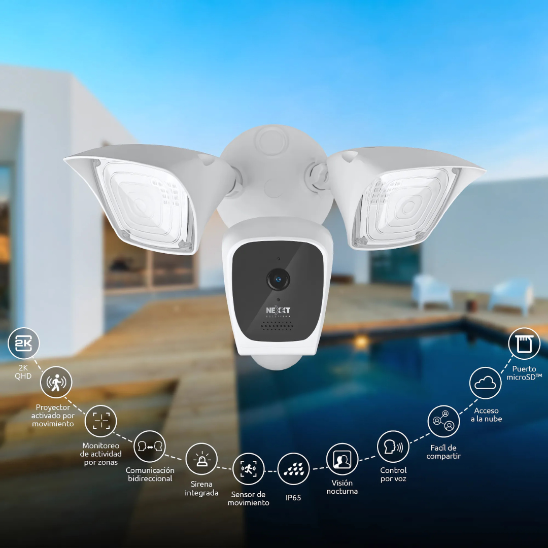 CÁMARA SMART WIFI NEXXT HD 150° EXTERIOR CON 2  REFLECTORES 2500 LUMENES