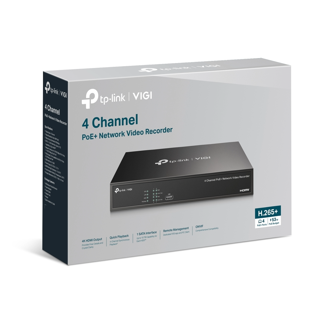GRABADORA TPLINK VIGI VIGI NVR1004H-4P/4 CANALES POE /H.265 PLUS /ONVIF/SOPORTA 1 DISCO HASTA 10TB