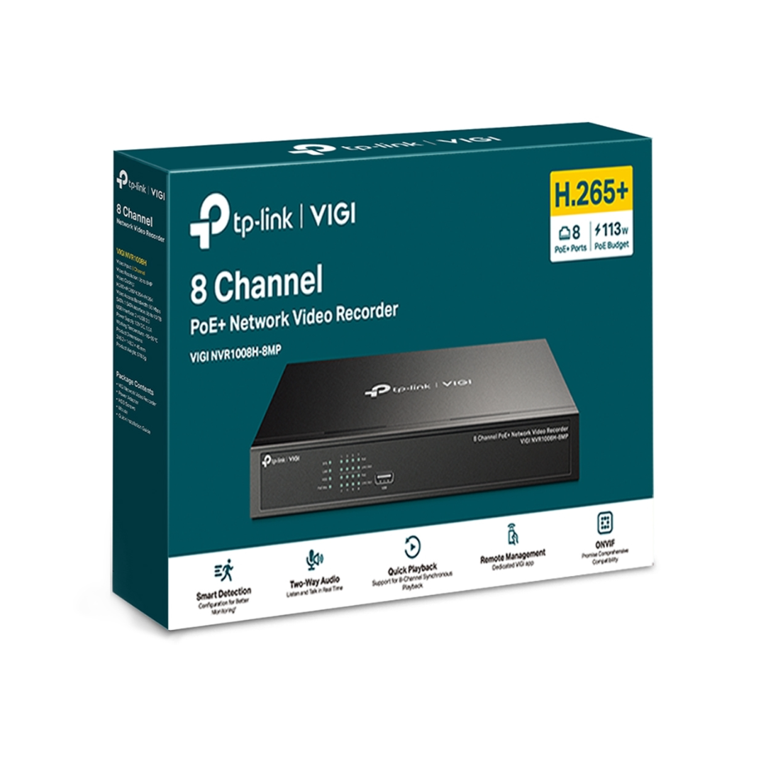 GRABADORA TPLINK VIGI NVR1008H-8MP / 8 CANALES POE  / H.265 PLUS / ONVIF / SOPORTA 1 DISCO HASTA 10