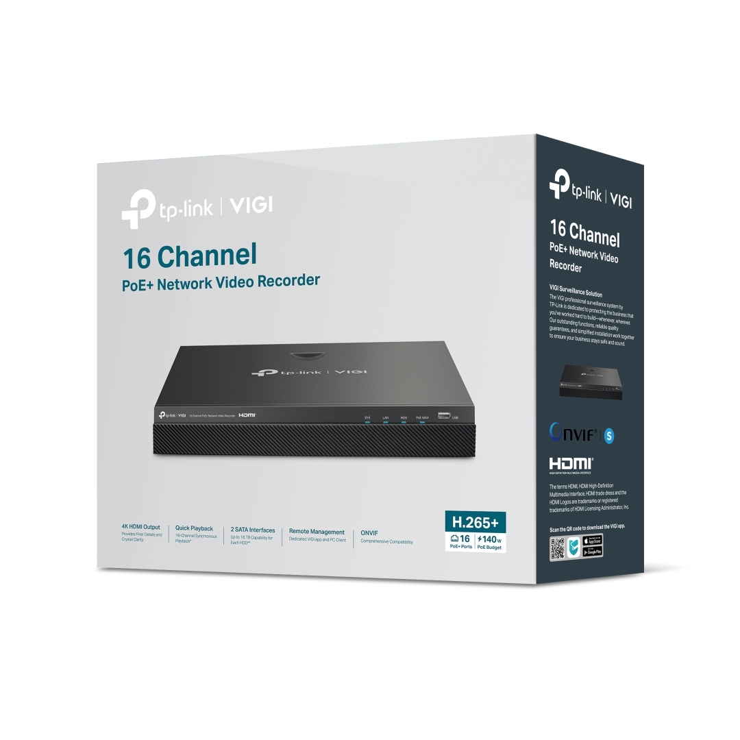 GRABADORA TPLINK VIGI NVR2016H-16MP/ 168 CANALES POE /H.265 PLUS/ONVIF/SOPORTA HASTA 20TB/140W POE
